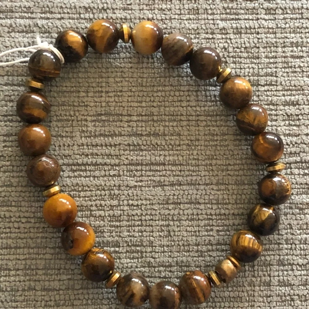 COPY - Handmade Tiger’s Eye & Wood Bead Stretch Bracelet w/ Gold Spacers – Unis…